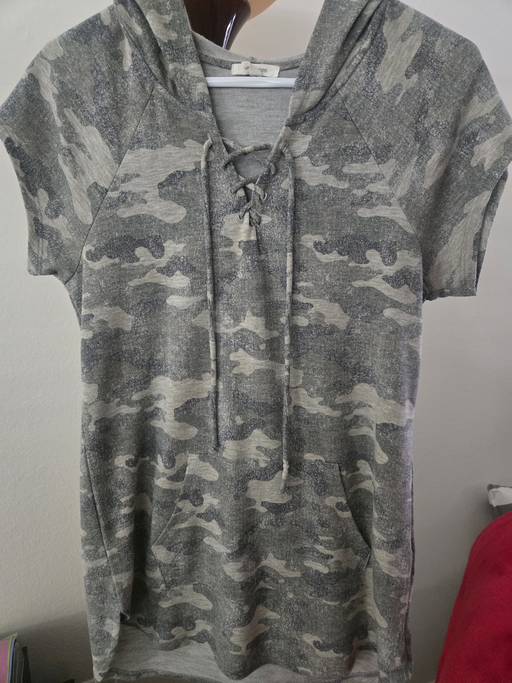 Maurices Gray Camo Lace-Up Hooded Short-Sleeve Top
